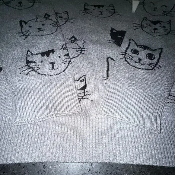 NEW ANTHROPOLOGIE CALLIGRAPHIE GREY SWEATER BLACK CAT FACE PRINT ALL OVER SZ 1X - Picture 6 of 9